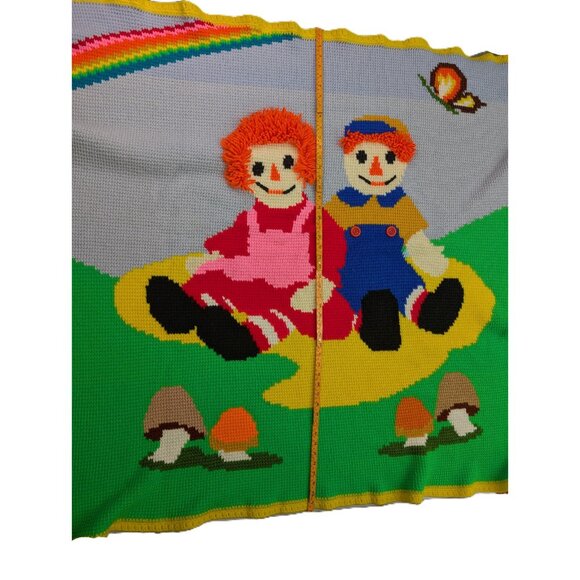 Raggedy Ann And Andy Crocheted Throw Blanket OOAK Vintage Retro Mushroom 50”x49" - Picture 7 of 9